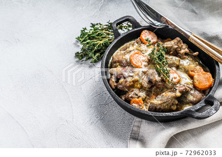 Stroganoff chicken liver with mushrooms and cream. White background. Top view. Copy space Stroganoff chicken liver with mushrooms and cream. White background. Top view. Copy space 72962033