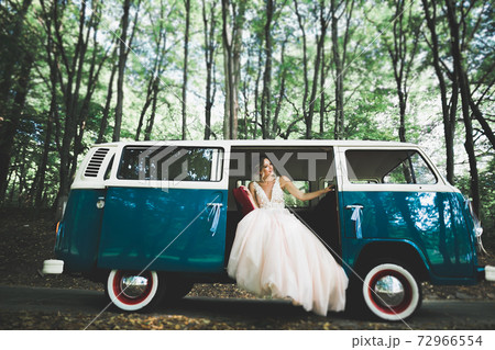 Portrait of stunning bride with long hair posing with great bouquet 72966554