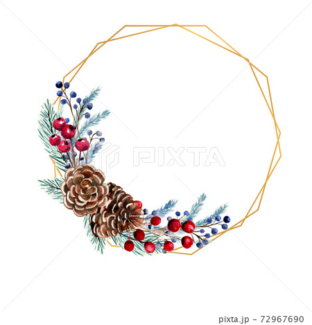Winter watercolor polygonal frame with berries, fir cones, fir branches. Hand-drawn Christmas illustration. For invitations, greeting cards, prints, posters, advertising Winter watercolor polygonal frame with berries, fir cones, fir branches. Hand-drawn Christmas illustration. For invitations, greeting cards, prints, posters, advertising 72967690