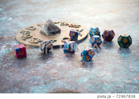 Horoscope circle with divination dice. Fortune telling and astrology predictions. 72967836