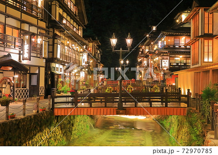 山形県 銀山温泉街の夜景の写真素材