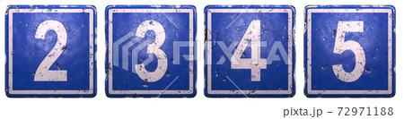 Set of public road sign in blue color with a white numbers 2, 3, 4, 5 in the center isolated white background. 3d 72971188