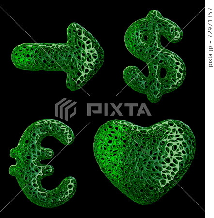 Symbol collection arrow, dollar, euro and heart made of green plastic. 3d rendering 72971357