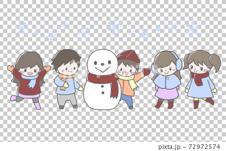雪だるまと並ぶかわいい子ども達の冬の雪遊びの手描き風イラストのイラスト素材