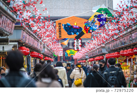 日本の東京都市景観 コロナ禍の年の瀬。浅草寺の人出=2020年12月30日 日本の東京都市景観 コロナ禍の年の瀬。浅草寺の人出=2020年12月30日 72975220