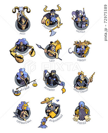 Twelve Zodiac Signs Flat Cartoon Vector のイラスト素材