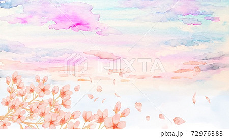 さくら 桜 花見 朝焼け 夕焼け 空 水彩 ハガキ 背景 背景素材 水彩画 風景のイラスト素材