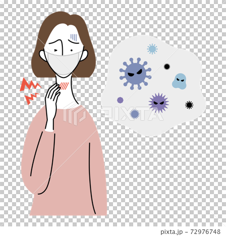 A woman who feels pain in her throat due to a cold (wearing a mask) 72976748