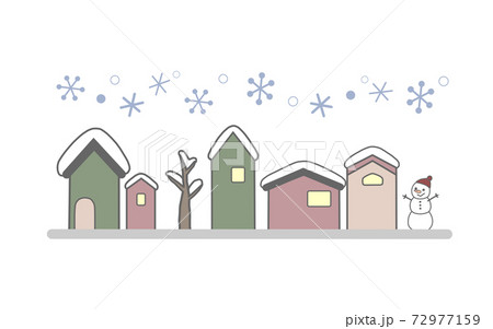 冬の雪景色の家並みと雪だるまの手描き風イラストのイラスト素材