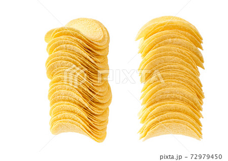 tower of crispy potato chips, bunch of potato chips isolated on a white background. tower of crispy potato chips, bunch of potato chips isolated on a white background. 72979450