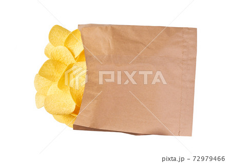 potato chips spilling out of the large package isolated on white background top view. potato chips spilling out of the large package isolated on white background top view. 72979466