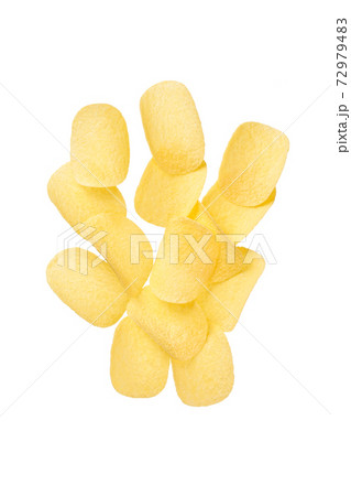 Potato chips falling isolated on white background with clipping path. 72979483