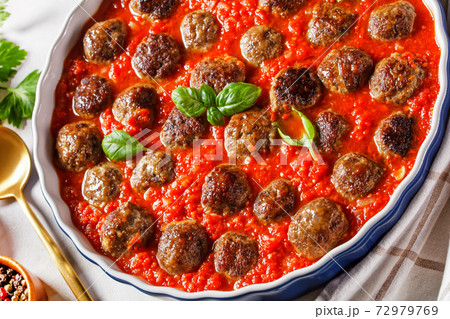 Italian meatballs in marinara sauce, top view 72979769