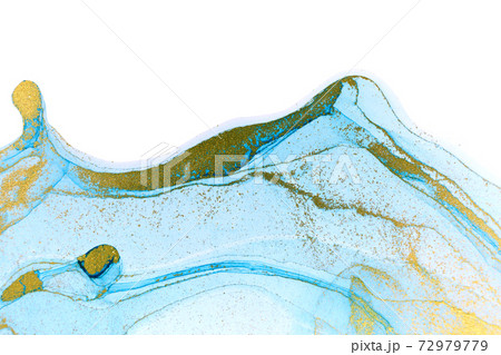 Abstract watercolor blue and gold inks on white background. 72979779