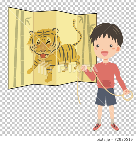 屏風の中の虎を捕まえたい少年のイラスト素材 屏風の中の虎を捕まえたい少年のイラスト素材