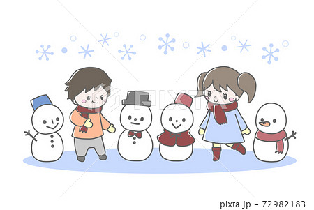 雪だるまとかわいい子ども達の冬の手描き風イラストのイラスト素材 7291