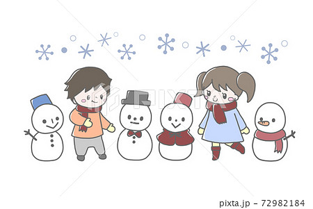 雪だるまとかわいい子ども達の冬の手描き風イラストのイラスト素材