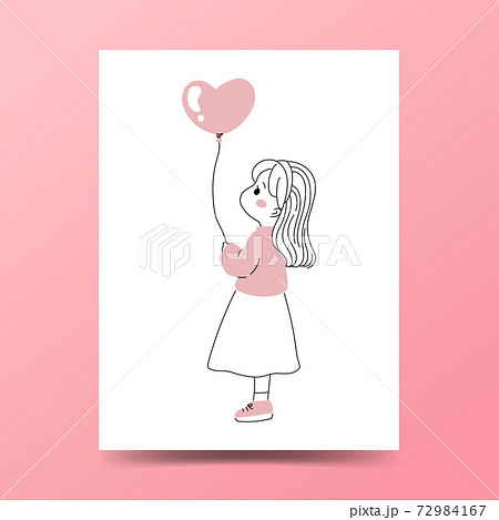 Cute girl holding a heart shaped balloon. Pink Valentine hand drawn doodle minimalism style card. Cute girl holding a heart shaped balloon. Pink Valentine hand drawn doodle minimalism style card. 72984167