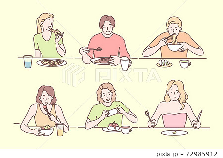 People eating different food set concept 72985912