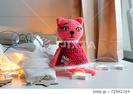 Pink knitted cat in red clothes sits on the table 72992104