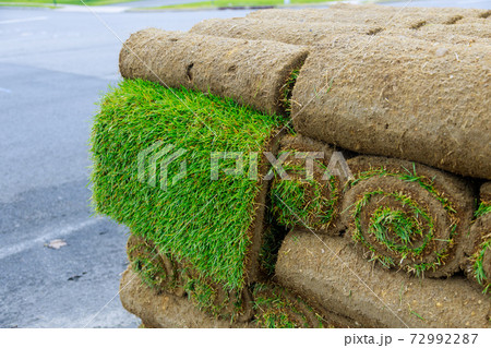 Modern lawn planting technologies in landscape design roll grass close up, Modern lawn planting technologies in landscape design roll grass close up, 72992287