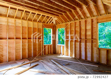 American Wooden house in beams the view of interior frame structure on a new development 72992427
