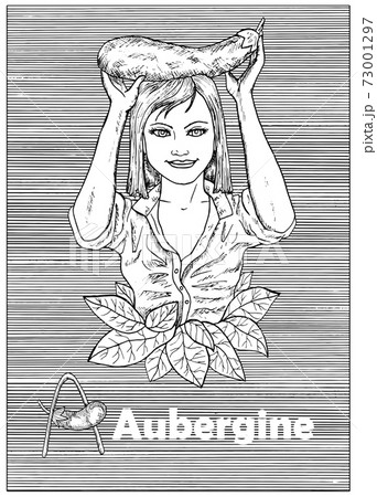 Young beautiful woman holding aubergine vegetable over striped background. Hand drawn black and white vector illustration, engraved and vertical, healthy eating, vegan and vegetarian concept.  73001297