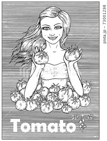 Young beautiful woman holding tomato vegetable over striped background. Hand drawn black and white vector illustration, engraved and vertical, healthy eating, vegan and vegetarian concept.  73001298