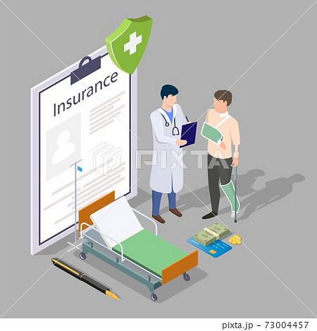 Isometric doctor, patient with broken arm and leg, medical insurance form, flat vector illustration. Isometric doctor, patient with broken arm and leg, medical insurance form, flat vector illustration. 73004457