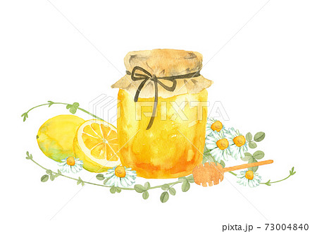 ハチミツとレモンとお花の水彩イラストのイラスト素材