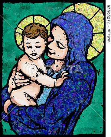 Xmas クリスマスカード 青 緑 マリア イエス クリスマス  X’mas ステンドグラス 文字 73005626