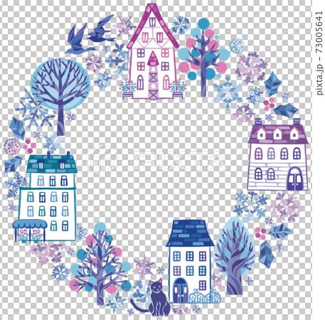 冬季下雪的城市景觀，房子①的圓形框架 73005641