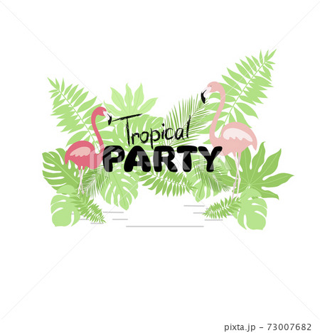Tropical party invitation with flamingos and palm leaves. Template design. Vector 73007682