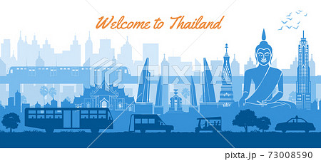 Thailand famous landmark in scenery design blue color silhouette design Thailand famous landmark in scenery design blue color silhouette design 73008590