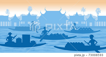 blue silhouette design of floating market of Thailand,popular ancient marketplace of tourist blue silhouette design of floating market of Thailand,popular ancient marketplace of tourist 73008593