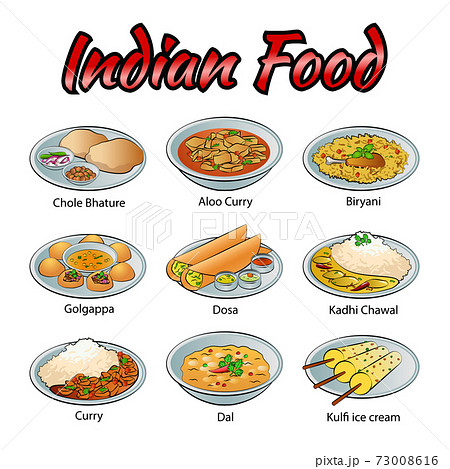 Set of delicious and famous food of Indian in colorful gradient design icon 73008616