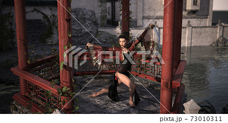 Woman from China performing dance and fighting figures with the sword in the Chinese pavilion. 3D rendering, 3D illustration, 3D art. Woman from China performing dance and fighting figures with the sword in the Chinese pavilion. 3D rendering, 3D illustration, 3D art. 73010311