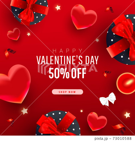Valentine's Day sale promo banner. 3d realistic flying hearts, gift boxes, bow, ribbons and calligraphy words text on red background Valentine's Day sale promo banner. 3d realistic flying hearts, gift boxes, bow, ribbons and calligraphy words text on red background 73010588