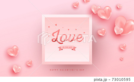 Love text in paper style with realistic air heart shaped balloons flying and white frame on pink background. Valentines vector banner design. 73010595