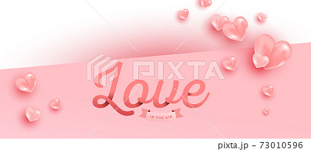 Love text in paper style with pink realistic air heart shaped balloons flying on pink background. Valentines vector banner design. Love text in paper style with pink realistic air heart shaped balloons flying on pink background. Valentines vector banner design. 73010596