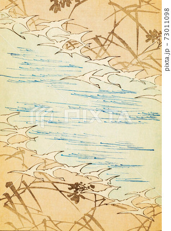 Retro Japanese art design background with birds, stream Retro Japanese art design background with birds, stream 73011098