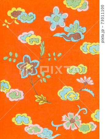 Retro Japanese art design red background with flowers. 73011100
