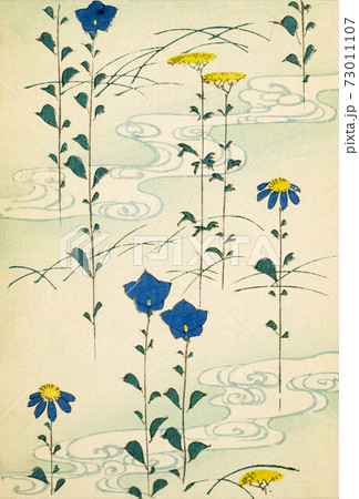 Retro Japanese art design pale background with long stemmed flowers. 73011107