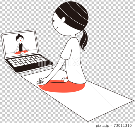 A woman posing as a ska asana while taking an online yoga lesson on her laptop A woman posing as a ska asana while taking an online yoga lesson on her laptop 73011310