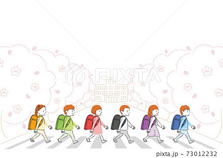 手書き線画カラーイラスト 新1年生 春 ランドセルと横断歩道 児童男女6人のイラスト素材