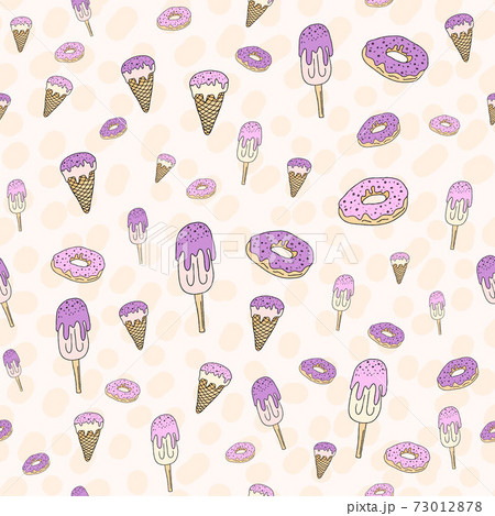 seamless pattern set, cartoon hand-drawn sweets donuts and ice cream, delicate pastel pink beige lilac colors. patterns for printing packaging wrapping banners textiles fabrics seamless pattern set, cartoon hand-drawn sweets donuts and ice cream, delicate pastel pink beige lilac colors. patterns for printing packaging wrapping banners textiles fabrics 73012878