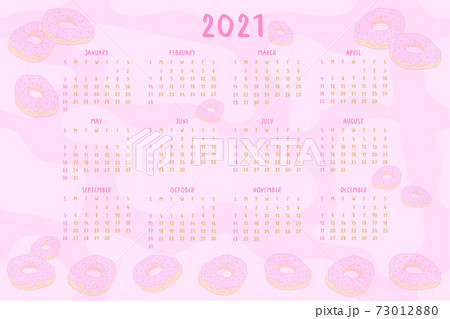 2021calendar hand drawn cute cartoon style pink donuts. Wall annual calendar design concept with handdrawn font type and elements. 73012880