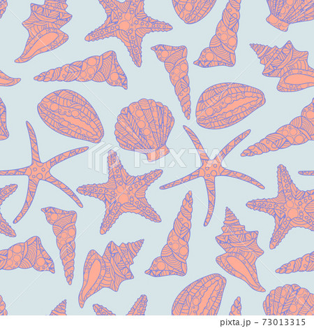 seamless pattern in zen art style with conch shells and starfish on blue background 73013315