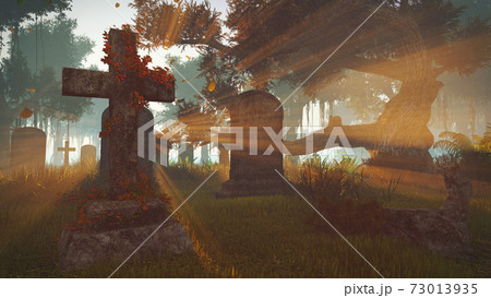 Old cross obelisk in spooky cemetery at sunset 3D Old cross obelisk in spooky cemetery at sunset 3D 73013935