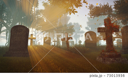 Old abandoned graveyard at autumn sunset 3D Old abandoned graveyard at autumn sunset 3D 73013936